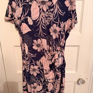 Robbie Bee Navy and Pink Floral Midi Wrap Dress